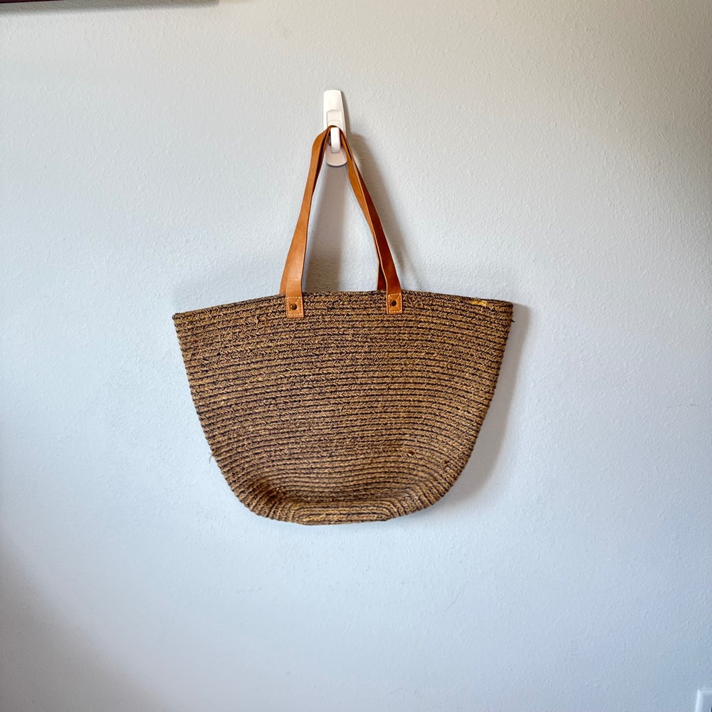 Neutral Cottagecore boho chic Blue Tan Woven Fiber Leather Strap Tote Bag Larg - Picture 4 of 9